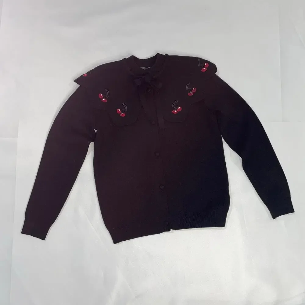 Girls Black Cardigan Sweater with Cherry Peter Pan Collar Tie Neck Size 12‎
